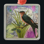 Vintage French Bird Collage Perfume Label メタルオーナメント<br><div class="desc">This charming collage is based on an antique French perfume label. I have added colours,  flowers,  leaves and the little bird (a swallow or swift?) then given the whole thing an aged effect for the romantic image you see here.</div>