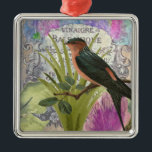 Vintage French Bird Collage Perfume Label メタルオーナメント<br><div class="desc">This charming collage is based on an antique French perfume label. I have added colours,  flowers,  leaves and the little bird (a swallow or swift?) then given the whole thing an aged effect for the romantic image you see here.</div>