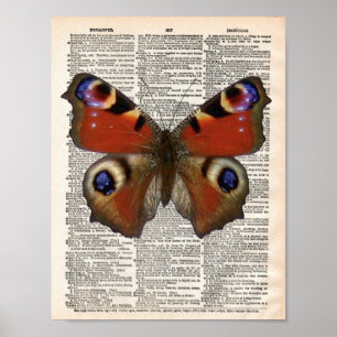 Vintage French dictionary with Peacock butterfly ポスター