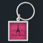 Vintage French Flourish Sweet 16 Keychain, Pink キーホルダー<br><div class="desc">Grungy yet elegant Vintage French Flourish Sweet Sixteen Premium Keychain in fuchsia featuring an Eiffel Tower design embellished with chic swirls and dots and a faux paper textured background. This unique Parisian themed Sweet 16 keychain would be perfect for a french inspired party favor. Easy to customize, simply add the...</div>