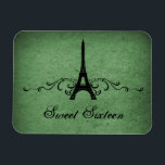 Vintage French Flourish Sweet 16 Magnet, Green マグネット<br><div class="desc">Grungy yet elegant Vintage French Flourish Sweet Sixteen Premium Flexi Magnet in dark green featuring an Eiffel Tower design embellished with chic swirls and dots and a faux paper textured background. This unique Parisian themed Sweet 16 magnet would be perfect for a french inspired party favor. Easy to customize, simply...</div>