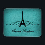 Vintage French Flourish Sweet 16 Magnet, Teal マグネット<br><div class="desc">Grungy yet elegant Vintage French Flourish Sweet Sixteen Premium Flexi Magnet in turquoise featuring an Eiffel Tower design embellished with chic swirls and dots and a faux paper textured background. This unique Parisian themed Sweet 16 magnet would be perfect for a french inspired party favor. Easy to customize, simply add...</div>