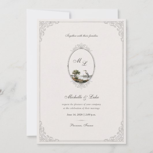 Vintage French Landscape Monogram Wedding  招待状 (正面)