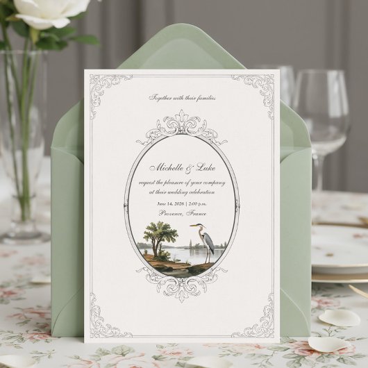 Vintage French Landscape Oval Frame Wedding 招待状
