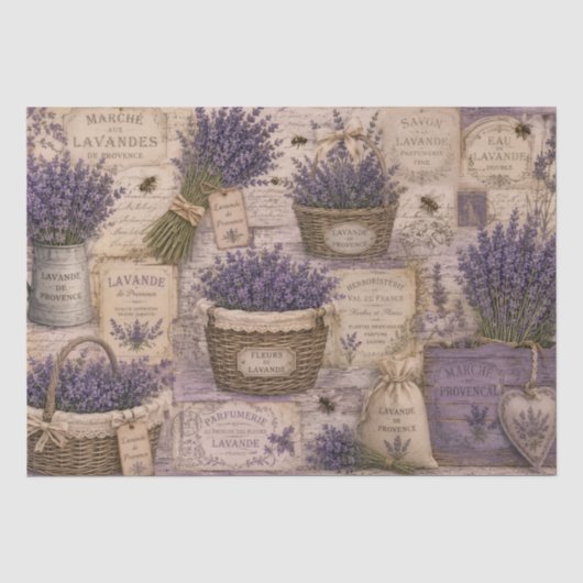 Vintage French Lavender Bees Wicker Baskets 薄葉紙 (正面)