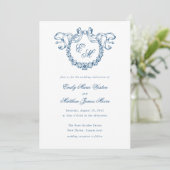 Vintage French Monogram Wreath Blue Wedding 招待状 (スタンド正面)