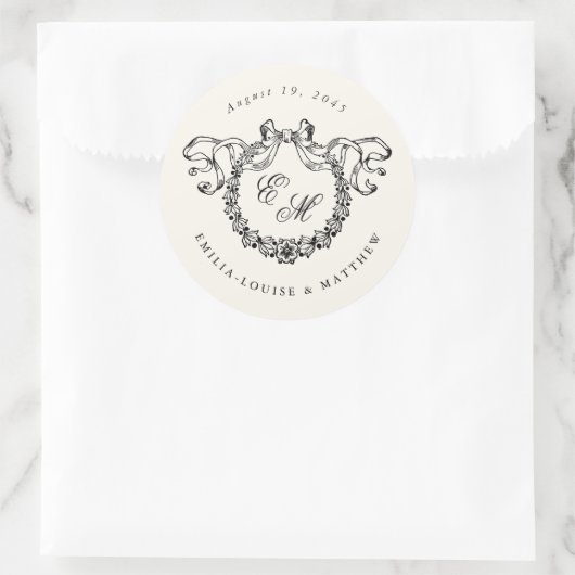 Vintage French Monogram Wreath Elegant Wedding ラウンドシール (バッグ)