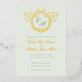 Vintage French Monogram Wreath Sage Wedding 箔招待状 (正面)
