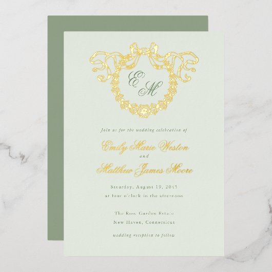 Vintage French Monogram Wreath Sage Wedding 箔招待状 (正面/裏面)