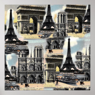 Vintage French Paris Travel Collage Eiffel Tower ポスター