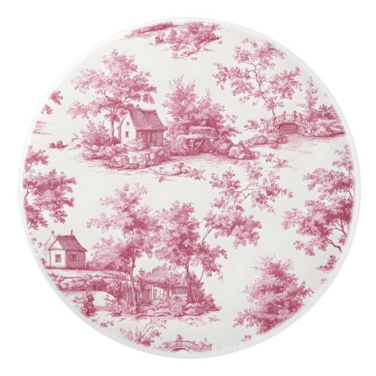 Vintage French Pink Toile Village Landscape セラミックノブ (正面)