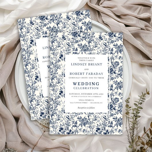 Vintage French Toile Blue Romantic Wedding Invite 招待状