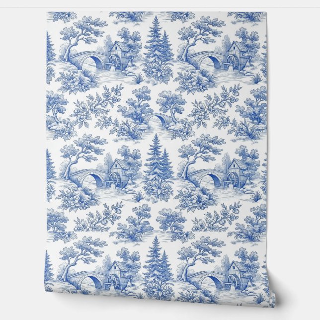 Vintage French Toile de Jouy Country Landscape 壁紙 (ほどく)