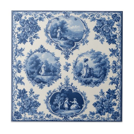 Vintage French Toile Pastoral Countryside Scenery  タイル (正面)