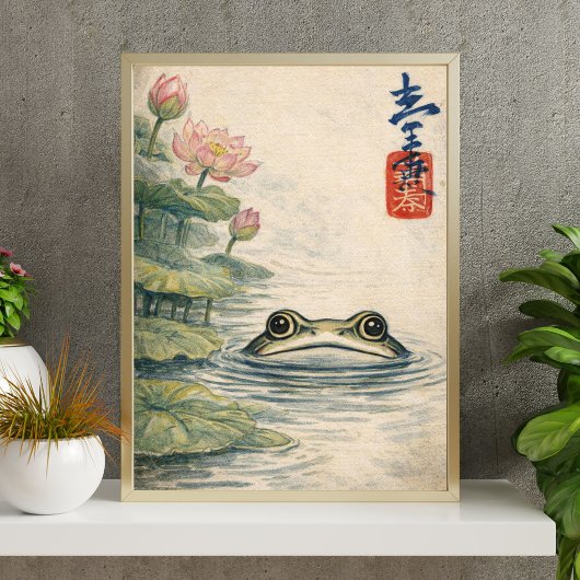 Vintage Frog and Lotus Pond Art – Japanese ポスター