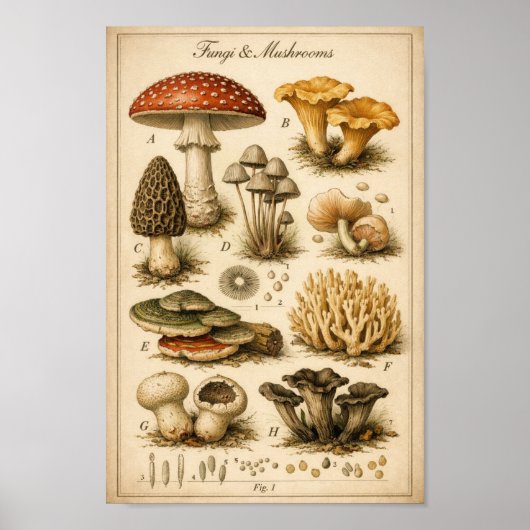 Vintage Fungi Scientific Illustration ポスター (正面)