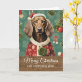 Vintage Funny Dog in Costume Christmas  カード (黄色い花)