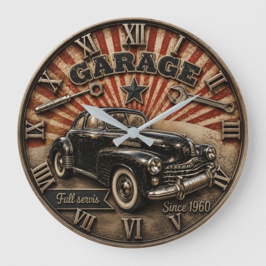 Vintage Garage Classic Car Service Retro Mechanic ラージ壁時計 (正面)