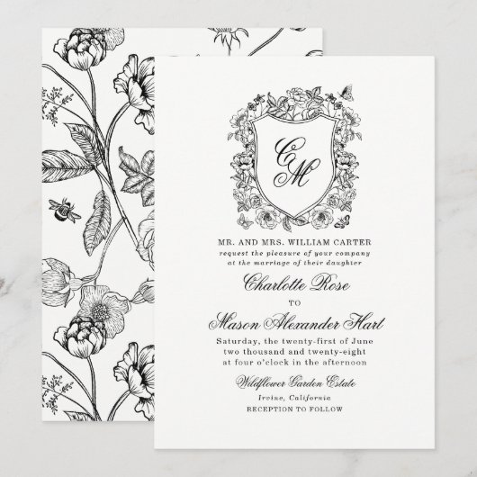 Vintage Garden Crest Black White Invitation 招待状 (正面/裏面)