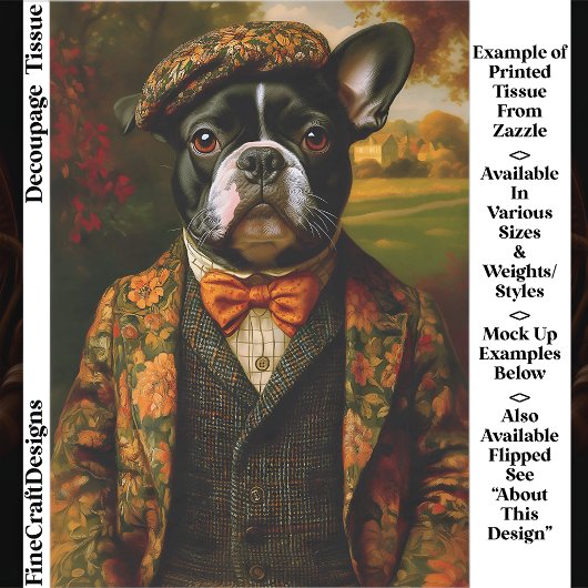  Vintage Gentleman Frenchie Dog Art EW6R Decoupage 薄葉紙