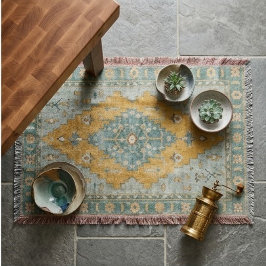 Vintage Geometric Diamond Medallion Teal Mustard スローブランケット