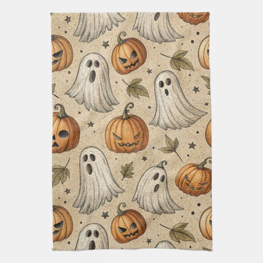 Vintage Ghosts & Pumpkins Halloween Pattern キッチンタオル (縦)