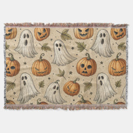 Vintage Ghosts & Pumpkins Halloween Pattern スローブランケット
