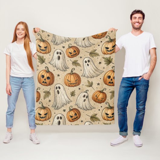 Vintage Ghosts & Pumpkins Halloween Pattern フリースブランケット (インサイチュ)