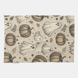 Vintage Ghosts & Pumpkins Halloween Pattern (2) キッチンタオル