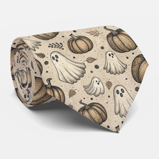 Vintage Ghosts & Pumpkins Halloween Pattern (2) ネクタイ (ロール)