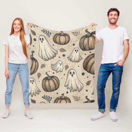 Vintage Ghosts & Pumpkins Halloween Pattern (2) フリースブランケット (インサイチュ)