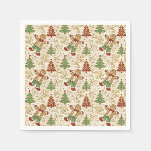 Vintage Gingerbread Man & Christmas Trees Paper スタンダードカクテルナプキン (正面)