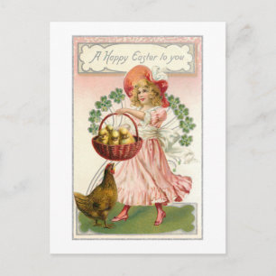 Vintage Girl, Hen, Shamrocks & Easter Wishes ポストカード
