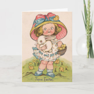 Vintage Girl With Bunny Easter Greeting Card カード
