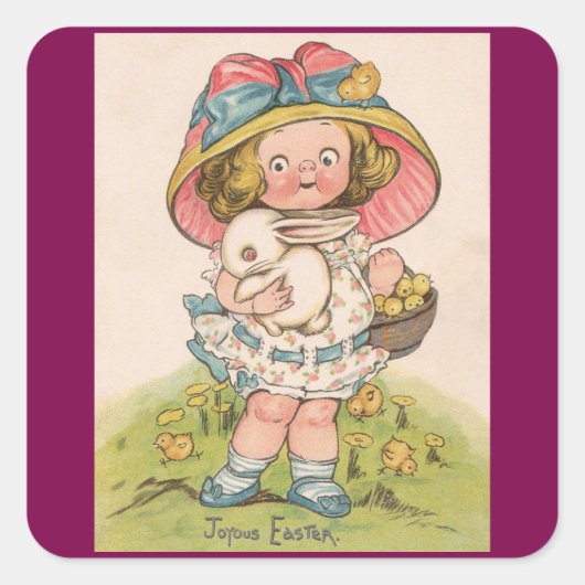 Vintage Girl With Bunny Easter Sticker スクエアシール (正面)
