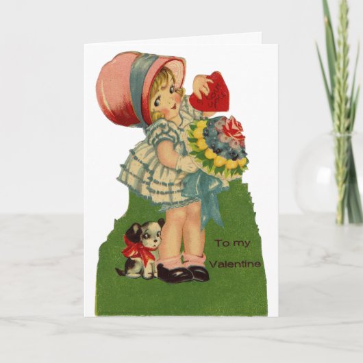 Vintage Girl With Dog Valentine Greeting Card カード (正面)