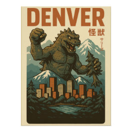 Vintage Godzilla-Style Kaiju Denver City Art Print ポスター