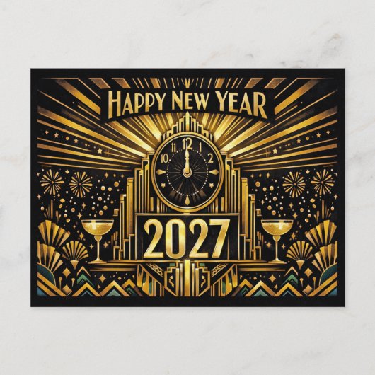 Vintage Gold Art Deco New Year 2027 シーズンポストカード (正面)