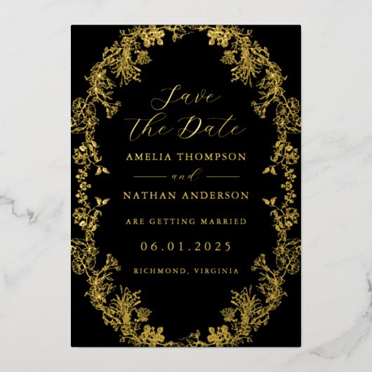 Vintage Gold Black Floral Wedding Save The Date 箔招待状 (正面)