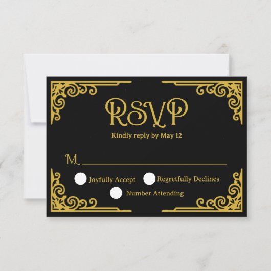  Vintage Gold Black Wedding  出欠カード (正面)