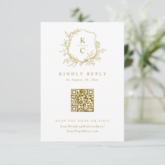 Vintage Gold Crest Logo Wedding QR Code 出欠カード (スタンド正面)