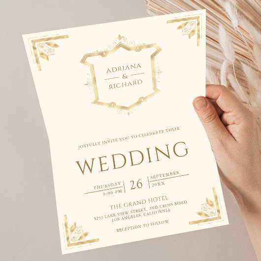 Vintage Gold Crest QR Code Cream Wedding 招待状