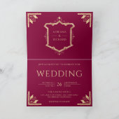 Vintage Gold Crest QR Code Magenta Wedding 招待状 (内部)