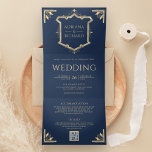 Vintage Gold Crest QR Code Navy Blue Wedding 三つ折り招待状<br><div class="desc">Amaze your guests with this elegant wedding invite featuring beautiful vintage crest and modern typography with QR Code for online RSVP. Simply add your event details on this easy-to-use template and adorn this card with your favorite photos to make it a unique personalized one-of-a-kind invitation.</div>