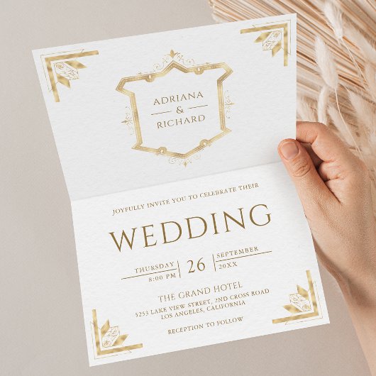 Vintage Gold Crest QR Code White Wedding 招待状