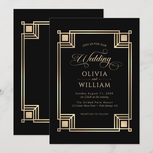 Vintage Gold Frame Art Deco Wedding Invitation 招待状 (正面/裏面)