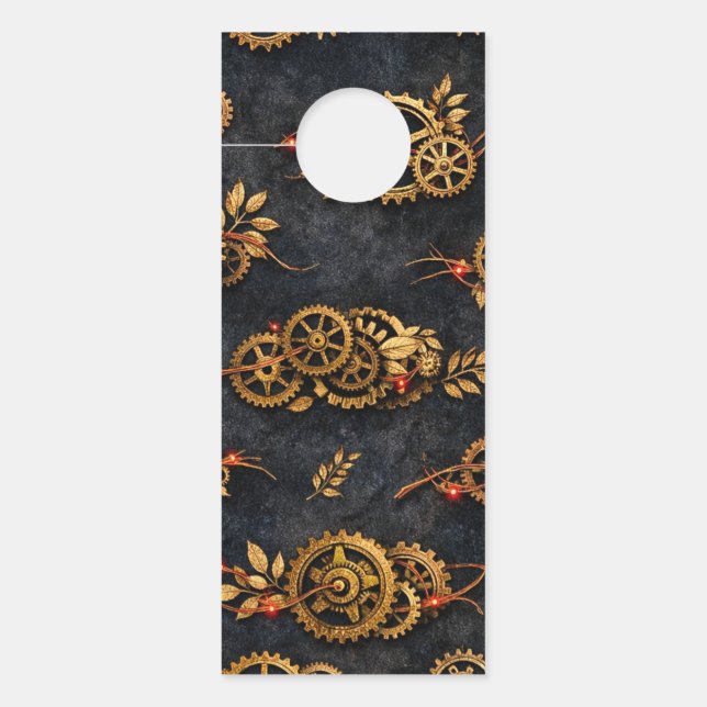 Vintage Gold Gears & Red Neon Mythic Cyberpunk  ドアノブサイン (正面)