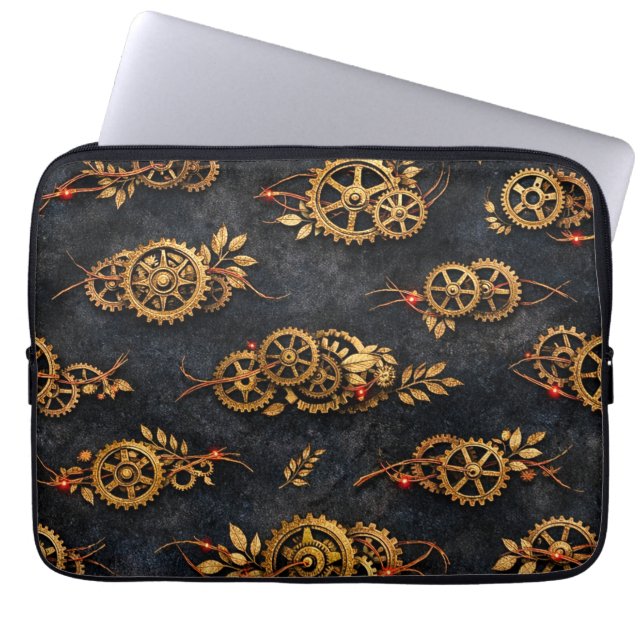 Vintage Gold Gears & Red Neon Mythic Cyberpunk  ラップトップスリーブ (正面)