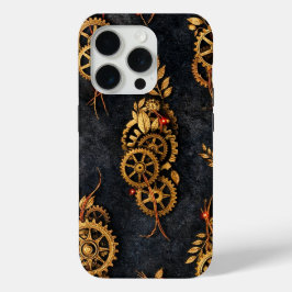 Vintage Gold Gears & Red Neon Mythic Cyberpunk  iPhone 15 Proケース