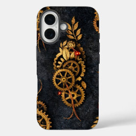 Vintage Gold Gears & Red Neon Mythic Cyberpunk  iPhone 16ケース